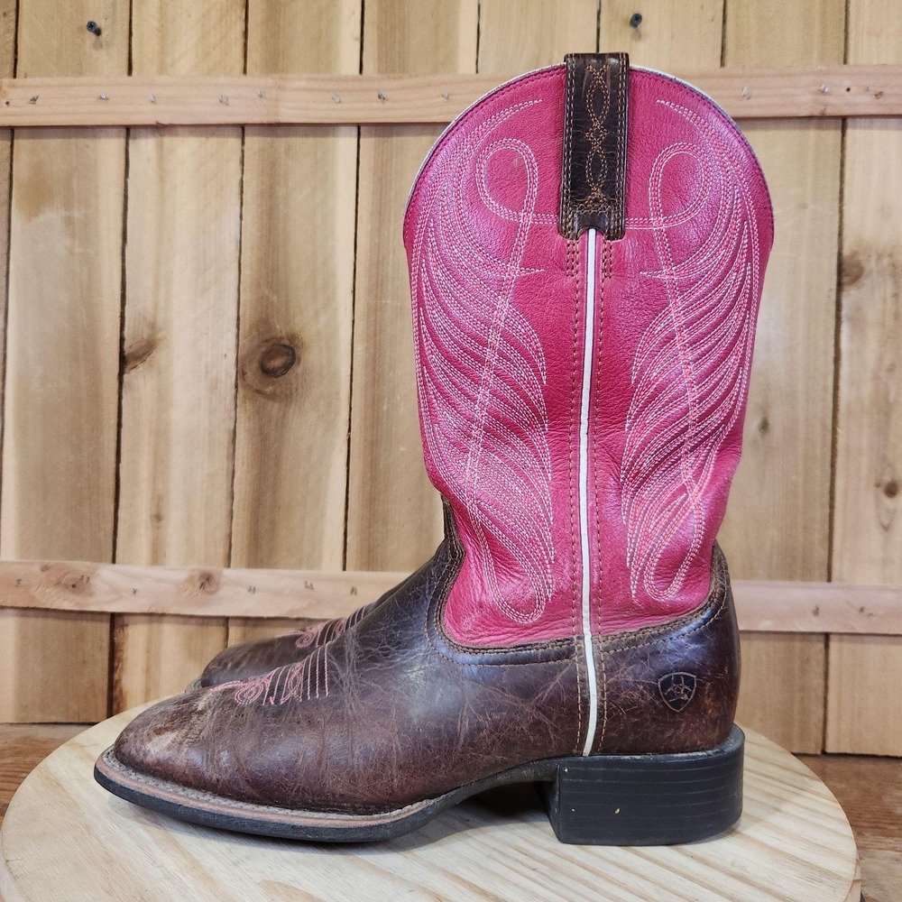 Ariat Round Up Western Boots Womens 7.5 B Brown Pink Leather Square Toe Cowgirl